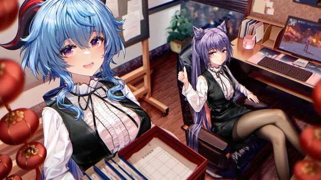 Noies boniques calentes Eula i Keqing | Impacte Ganshin HD fons de pantalla