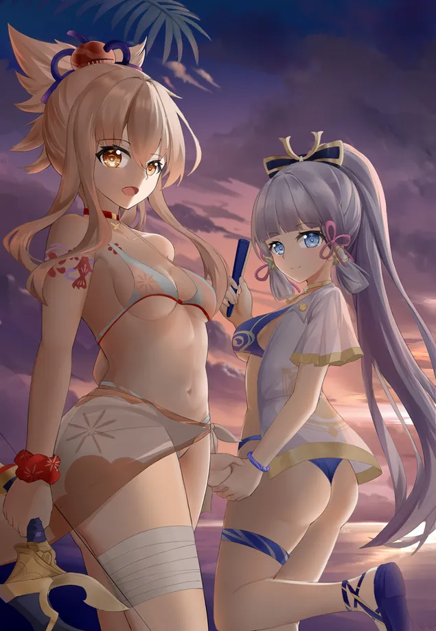 بنات البيكيني الساخنة | يويميا وكاميساتو أياكا | تأثير جينشين HD خلفية