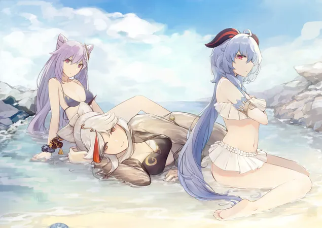Noies anime bikni calentes gaudint de la frescor de la platja | Impacte Genshin 4K fons de pantalla