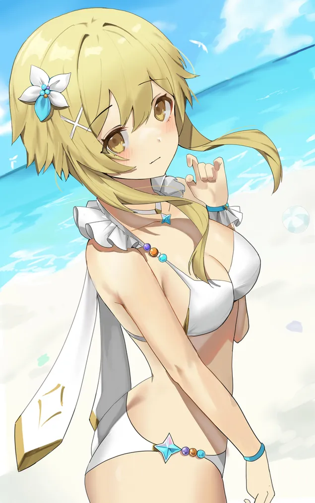 海灘上的性感比基尼金發女孩| 原神衝擊 2K 壁紙