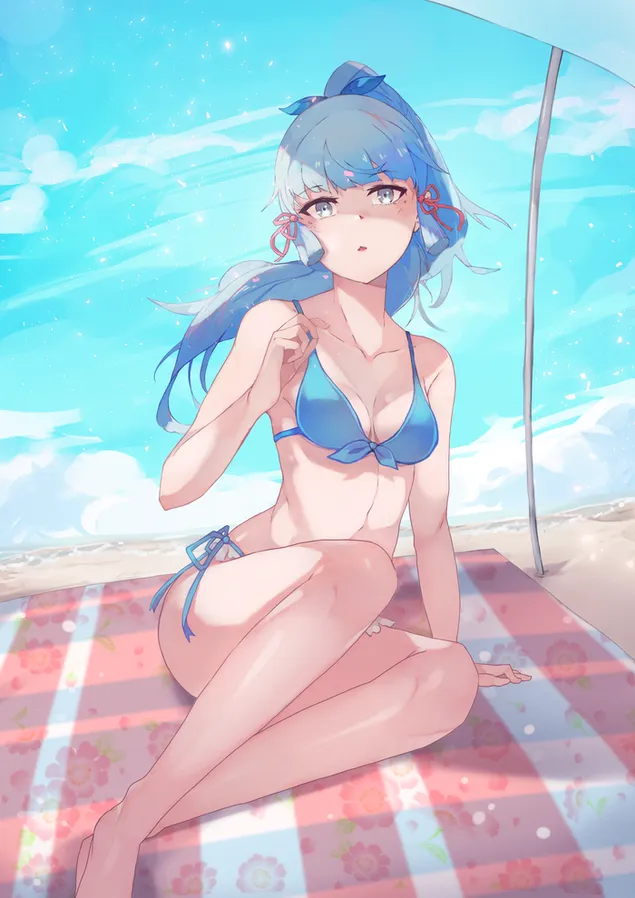 Warm bikni meisie by die strand | Kamisato ayaka (Ganshin-impak) 2K muurpapier
