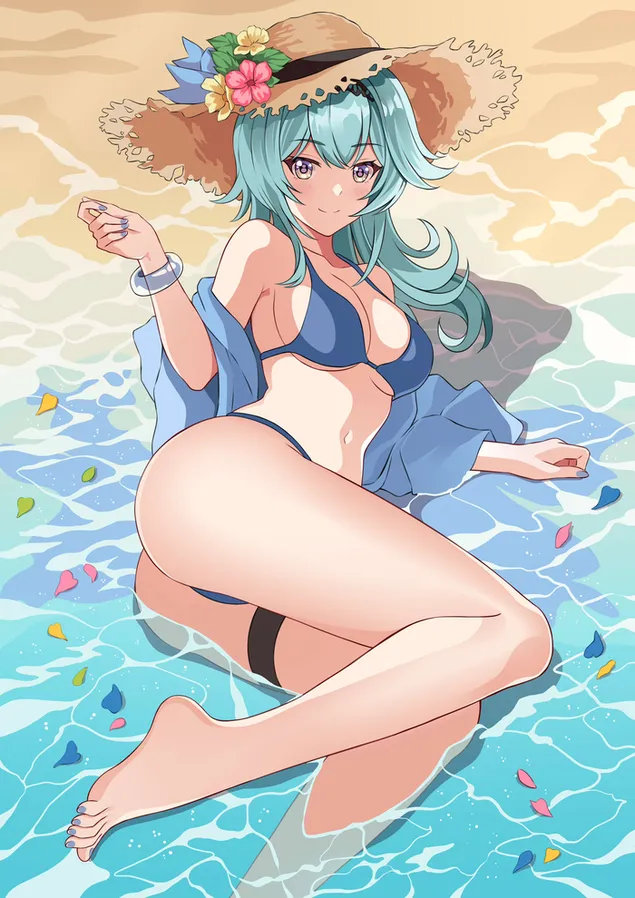 Forró bikni lány Eula feküdt a tengerparton | Genshin Impact 2K háttérkép