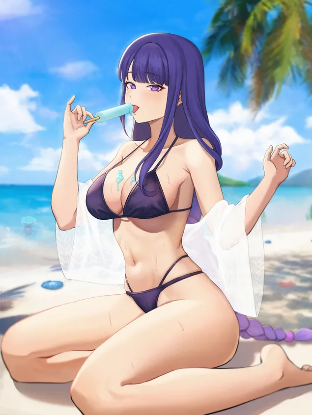 热比基尼女孩雷电将军在海滩吃冰淇淋 | 甘信冲击 HD 壁纸