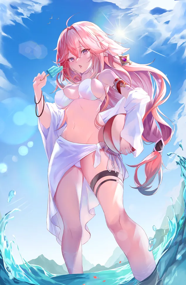 Gadis bikni panas Yae Miko suka aiskrim & mengalahkan panas musim panas | Kesan Genshin 2K kertas dinding