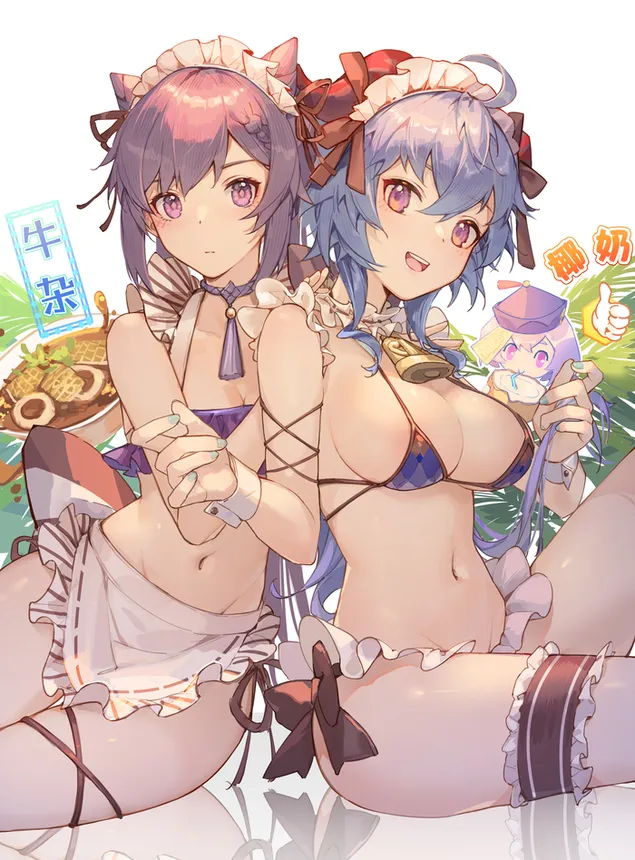 Páipéar balla Te bikni cailíní Ganyu & Keqing sexy ag baint | Tionchar Ganshin2K