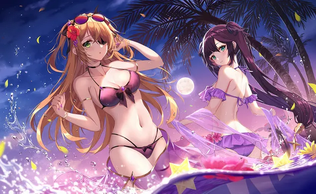 火辣比基尼女孩在月夜海灘玩耍 | 原神衝擊 2K 壁紙