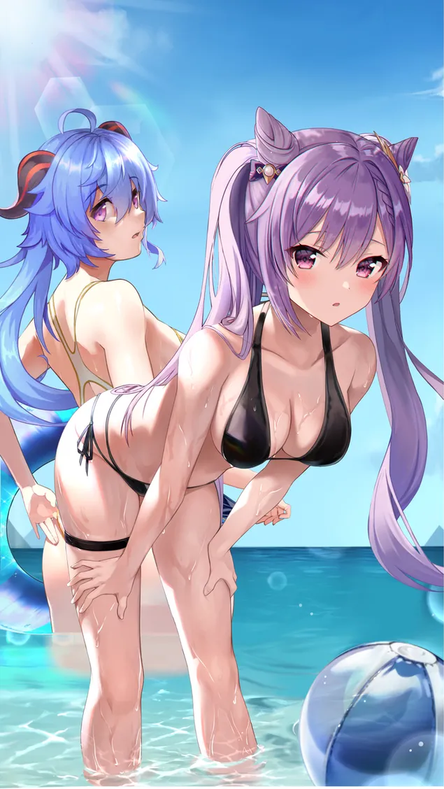 比基尼辣妹可晴&甘雨海灘嬉戲 | 原神衝擊 2K 壁紙