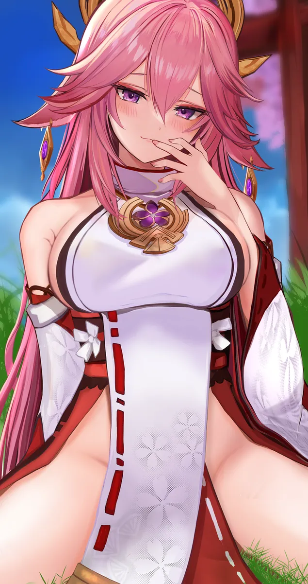 핫 판타지 애니메이션 소녀 Yae Miko (Genshin Impact) 2K 배경화면