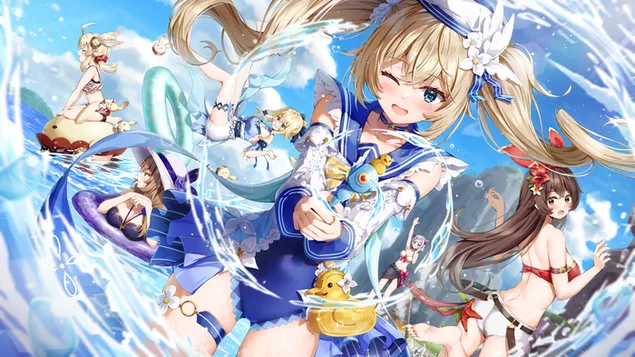 Горячая девушка Барбара и ее друзья веселятся на пляже | Ганшин Импакт 4K обои