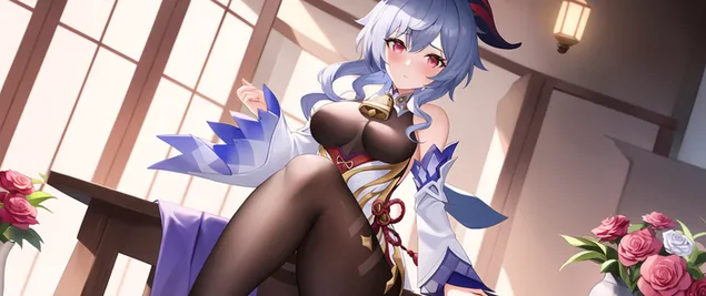 辣妹甘雨坐桌| 甘信冲击 2K 壁纸