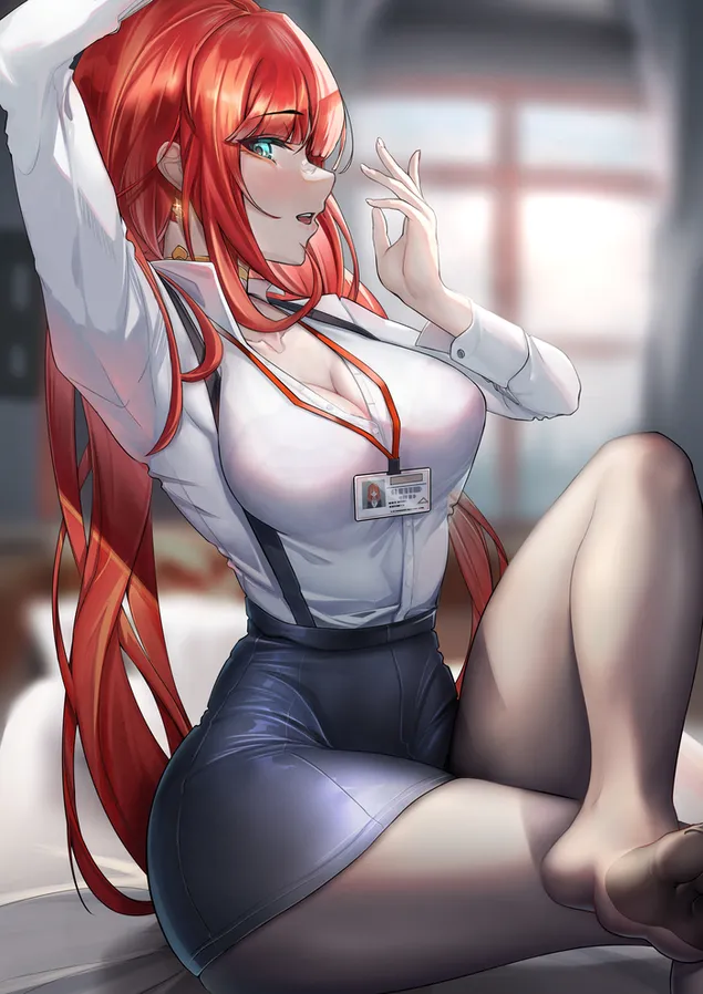 Noia calenta Makima asseguda amb les cames creuades | Impacte Ganshin 2K fons de pantalla