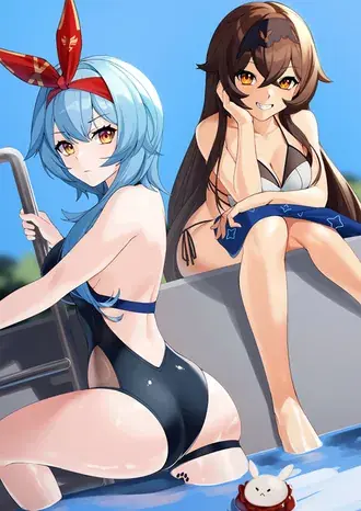 Gadis-gadis seksi Amber & Eula keluar dari kolam | Dampak Ganshin 2K wallpaper