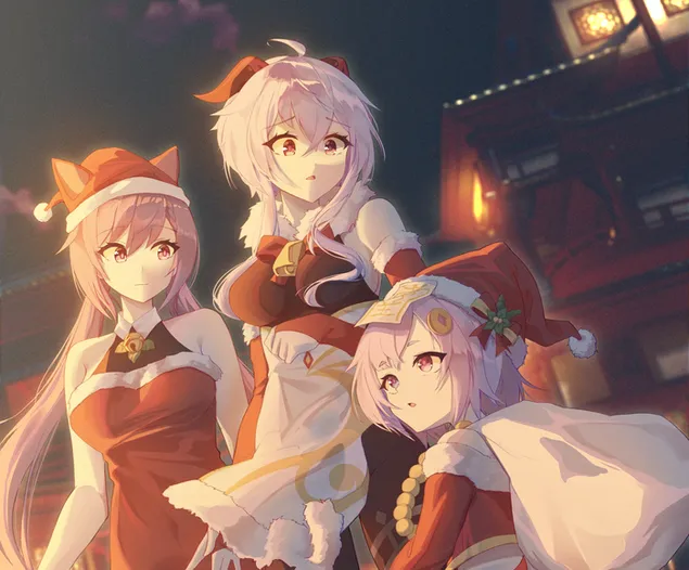 Tapeta Príťažlivé dievčatá v kostýme Santa na vianočnú noc | Ganshin Impact 4K