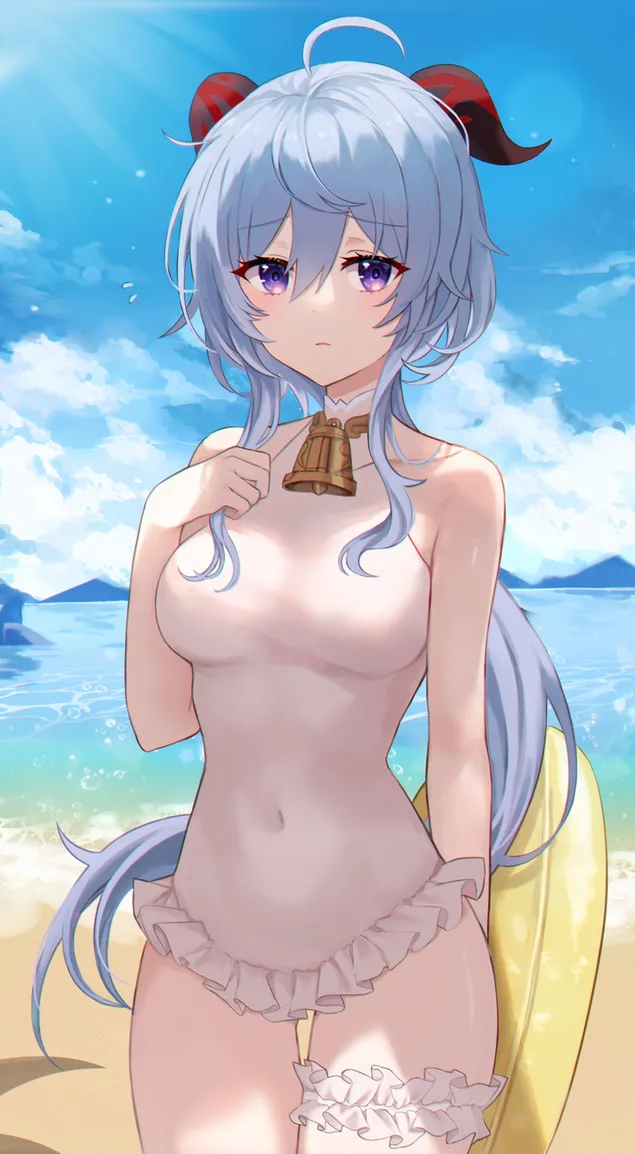 Ganyu inocente caliente en la playa | Impacto Genshin 2K fondo de pantalla