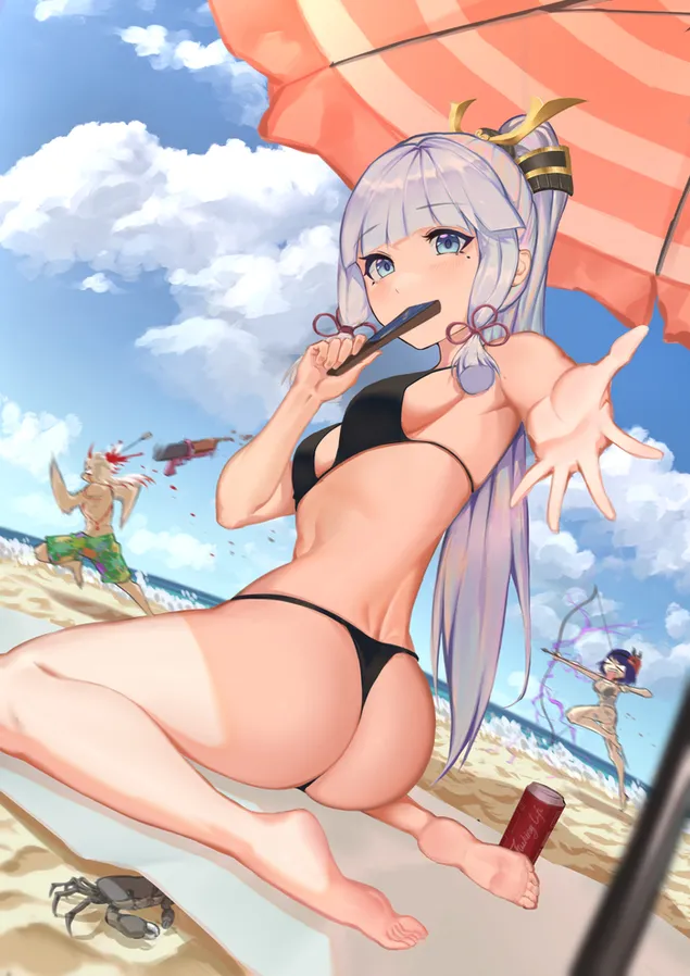Warm Kamisato Ayaka en haar vriende maak pret by die strand | Ganshin impak 2K muurpapier