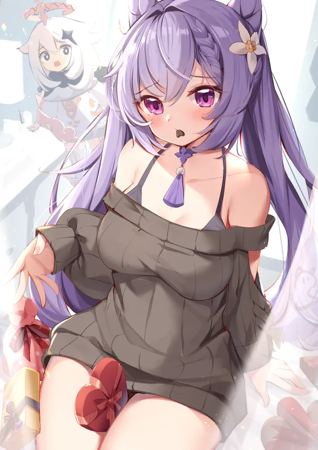 Keqing الساخنة أكل شوكولاتة فالانتين (Ganshin Impact) 2K خلفية