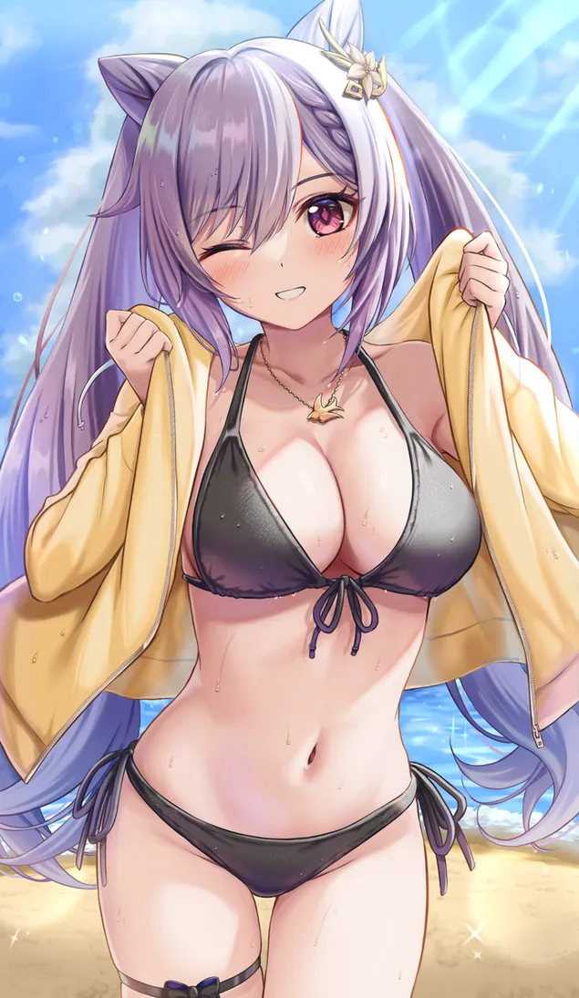 Hot keqing nyder strand sjov | Genshin indvirkning 2K baggrundsbillede