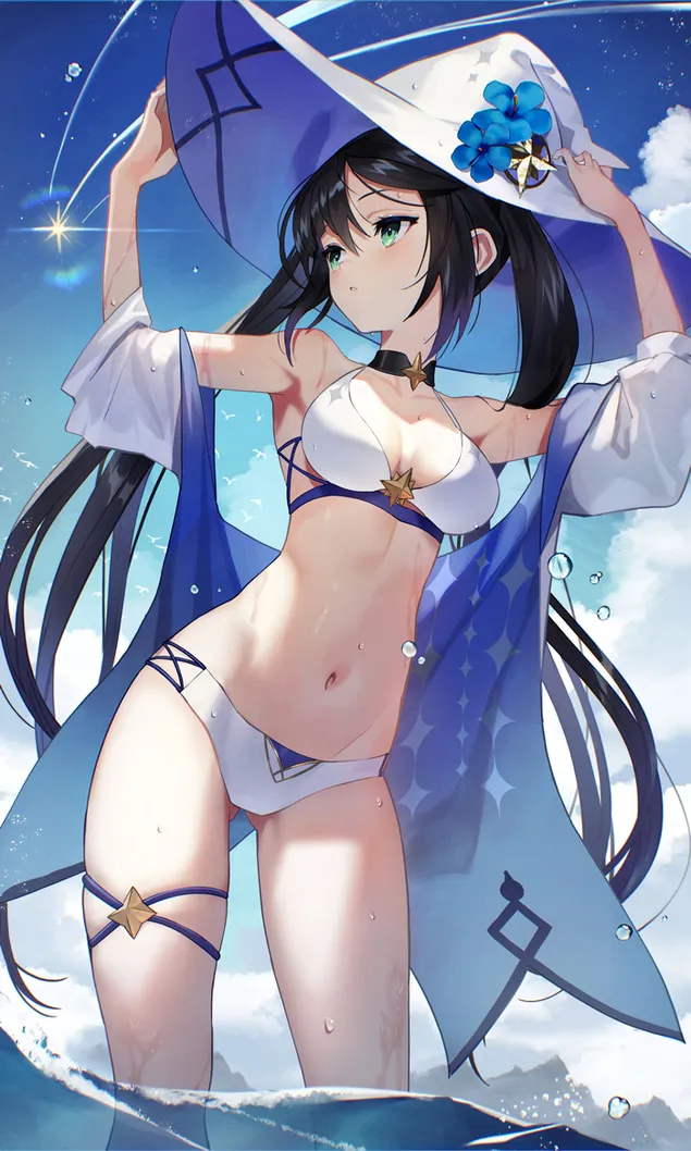 穿着比基尼的热莫娜戴着她的沙滩帽| 甘信冲击 2K 壁纸