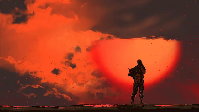 炎熱的紅色天空和孤獨的人 4K 壁紙