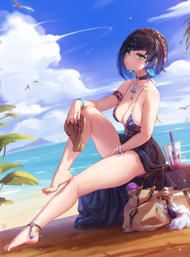 Heet kortharig animemeisje Yelan ontspannen op het strand | Genshin-effect download