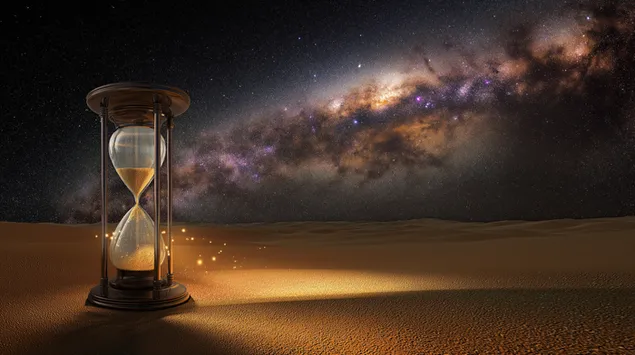 Timeglas på ørken med stjernehimmel og glødende sand 2K baggrundsbillede