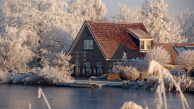 Casa junto al lago congelado HD fondo de pantalla