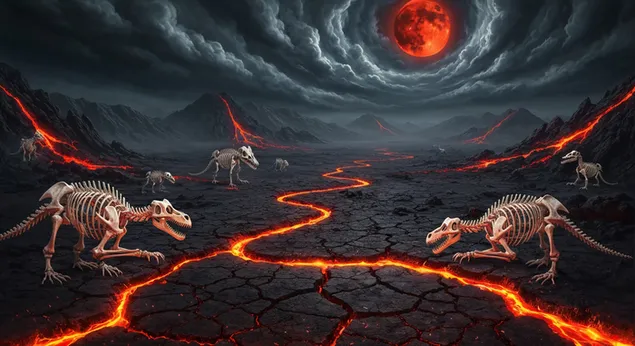 House Of Dragon: Lavafloder och drakeskelett under en blodmåne för skrivbordsbakgrund 4K bakgrund