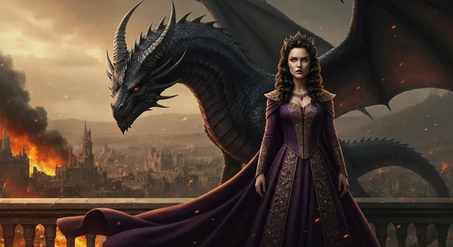 Drakdrottningens hus och draken över den brinnande staden som skrivbordsbakgrund 4K bakgrund