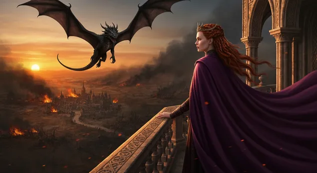 Tapeta Dračí dom: Kráľovná a drak nad horiacim mestom pri západe slnka na pozadí pracovnej plochy 4K