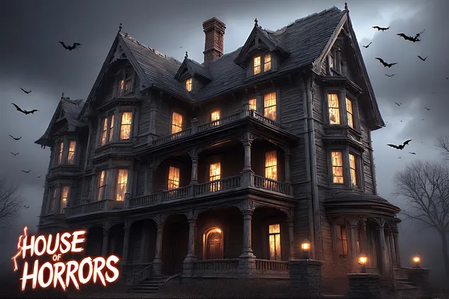 prezemete kinematografska snimka od opsednata kukja -- svetlechki prozortsi, liljatsi shto letaat, burno nebo, kukja na uzhasite so font shto sveti kako grom.