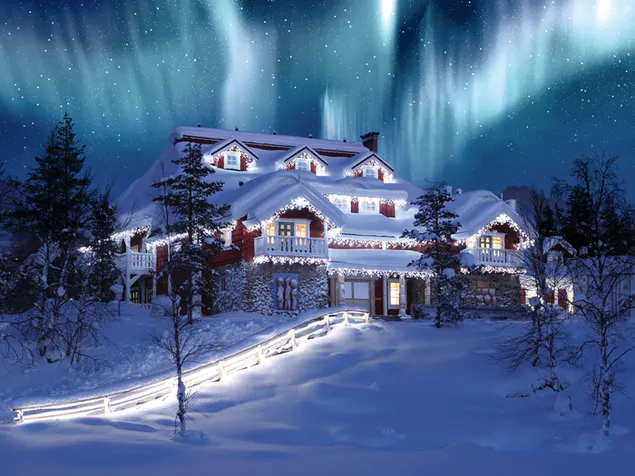 Casa con luces navideñas bajo un cielo brillante 2K fondo de pantalla