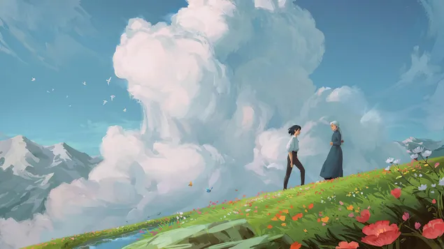 il castello errante di howl, studio ghibli, arte fantasy, nuvole, luce del giorno scarica