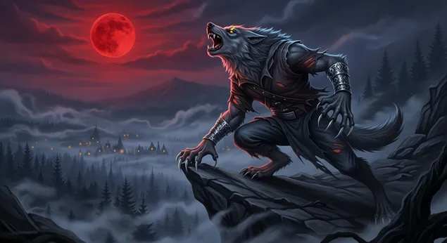 llop home udolant la nit de halloween sota una lluna de sang, amb vistes a un poble esgarrifos i boiros. baixada