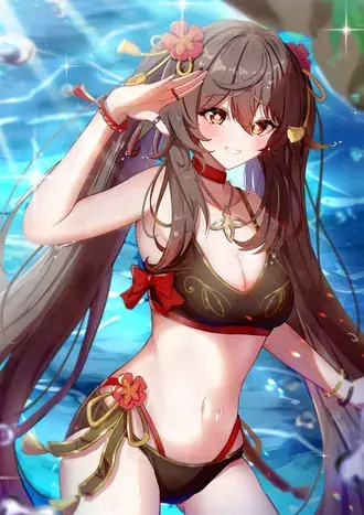 Hu Tao hot wet bikini look | Genshin Impact  2K wallpaper