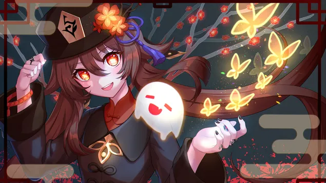 'Hu Tao' met Cute Ghost - Genshin Impact (aanlyn videospeletjie) 4K muurpapier