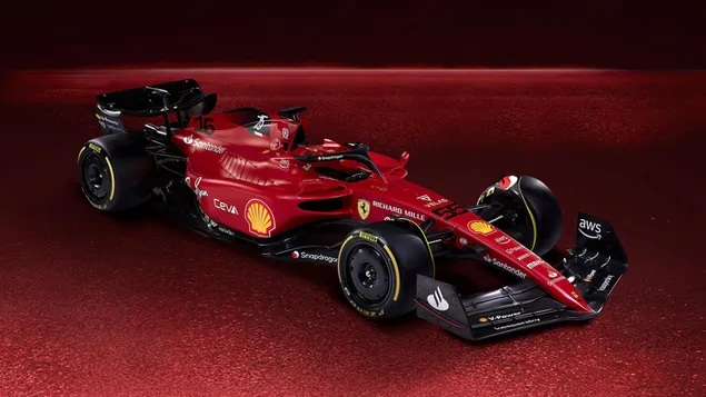 フェラーリF1-75フォーミュラ12022新車の正面図と側面図の赤い背景 ダウンロード