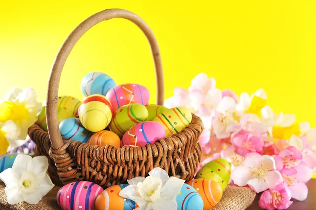 Huevos de Pascua pintados de colores en una canasta y flores de cerezo rosa