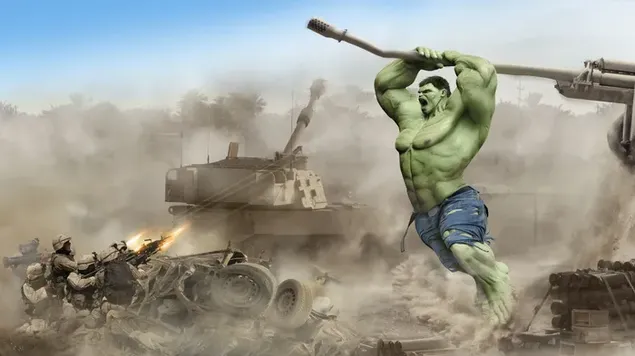 Hulk luchando con soldados del ejército