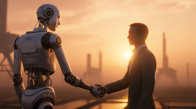 apreton de manos entre humanos y robots avanzados al atardecer descargar