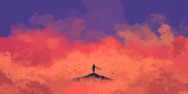 紫と赤黄色の色調の霧の絵の具の間に丘の上に立っている人間のシルエット