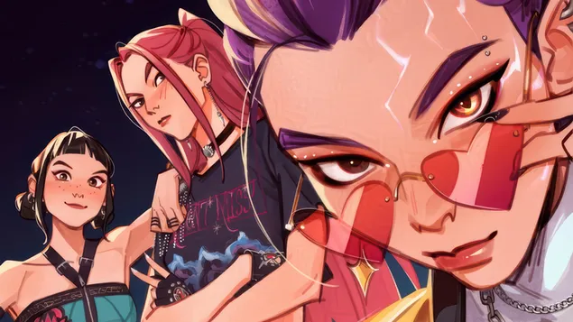 HUNTR/X Zoey mat Rumi & Mira (Comics-Stil Bg) | K-Pop Demon Hunters (Film) 4K Tapeten