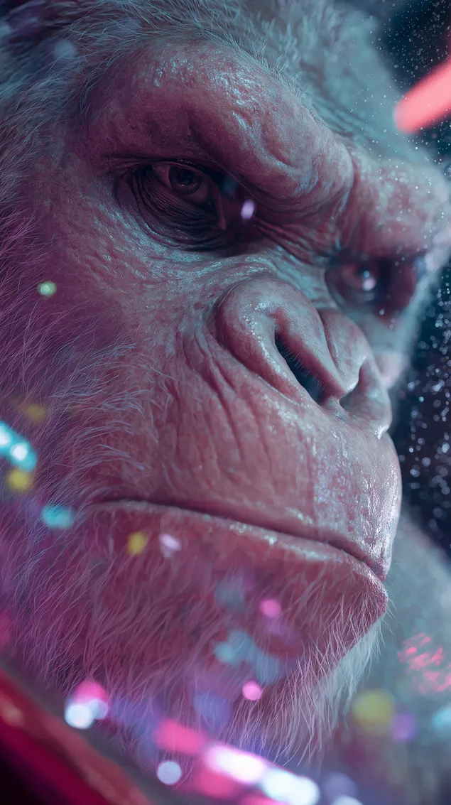 ใบหน้ากอริลลาแบบใกล้ชิดที่สมจริงสุดๆ ด้วยแสงไฟโบเก้แบบภาพยนตร์ HD วอลเปเปอร์