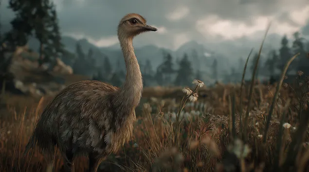 Taustpilt Hüperrealistlik jaanalind mägedega rohumaastikus 2K