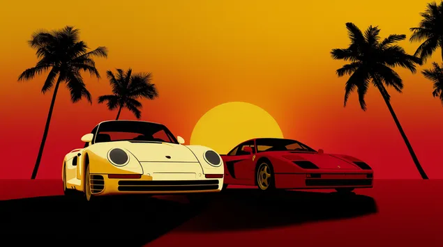 מכוניות ספורט איקוניות על סצנה בשדרות סאנסט בקליפורניה 2K טפט