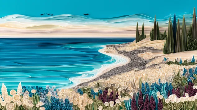 田园诗般的海岸景观与海洋和树叶的卷纸艺术 2K 壁纸