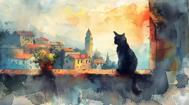 Tapeta Idylický pohled na kočku v zasněné vesnici 8K