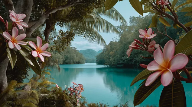 idylliskt tropiskt flodlandskap inramat av exotiska blommor ladda ner