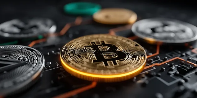 osvetlena bitcoinova mince na desce plosnych spoju s dalsimi krypto tokeny stahnout