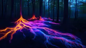 Illuminated Earth: 어둠 속 숲 속의 생생한 에너지 4K 배경화면
