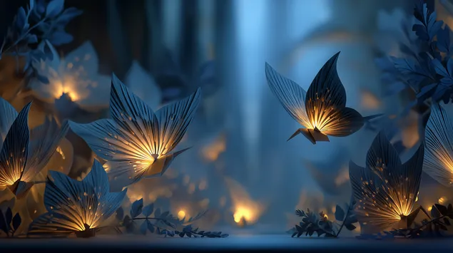 فراشات ورقية مضيئة وسط أجواء تشبه الحلم 2K خلفية